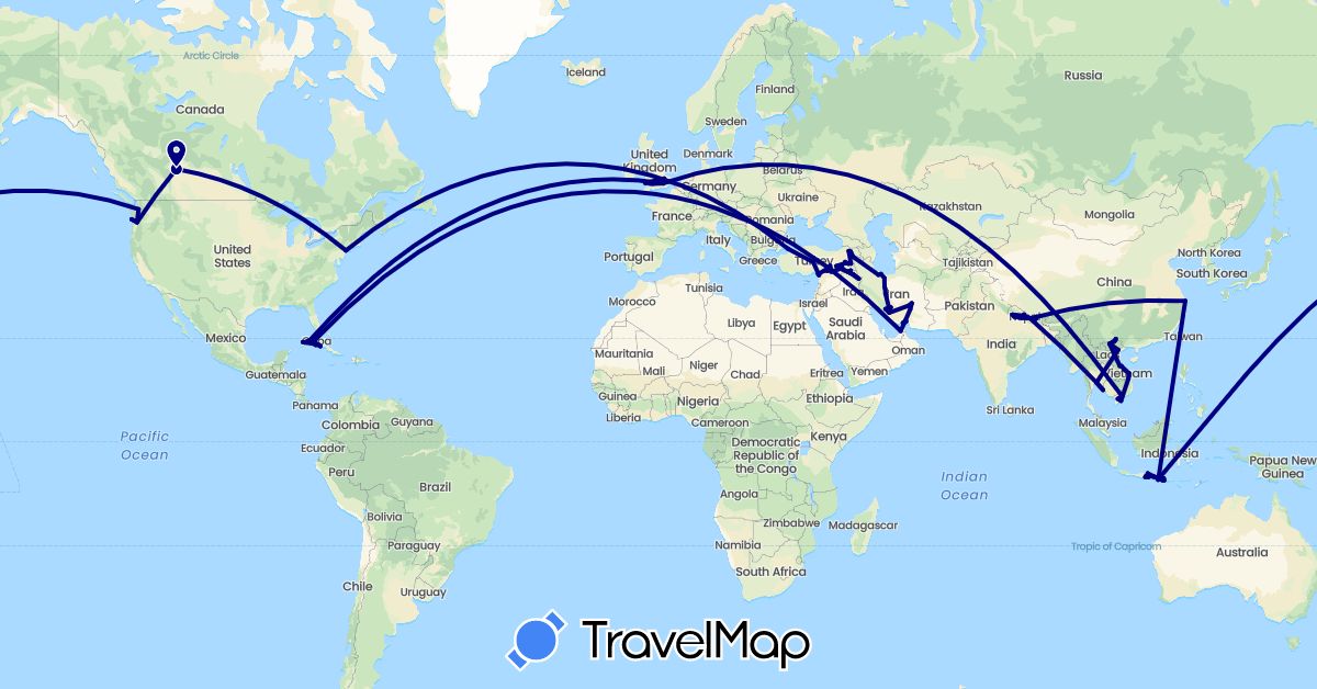 TravelMap itinerary: driving in United Arab Emirates, Canada, China, Cuba, United Kingdom, Indonesia, Iraq, Iran, Nepal, Thailand, Turkey, United States, Vietnam (Asia, Europe, North America)