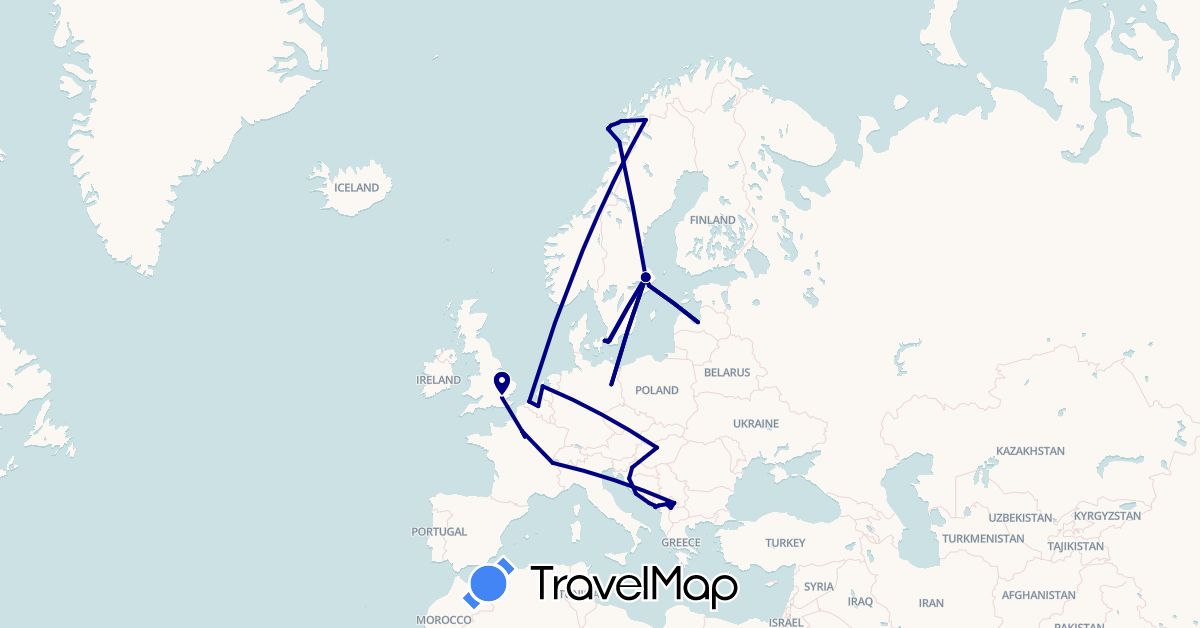 TravelMap itinerary: driving in Belgium, Switzerland, Germany, Denmark, France, United Kingdom, Croatia, Hungary, Latvia, Montenegro, Netherlands, Norway, Sweden, Kosovo (Europe)